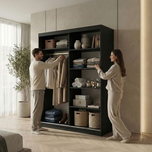 Armoire HELA - Armoire à Portes Coulissantes Avec Porte Miroir - Noir 120 cm - 2 Portes