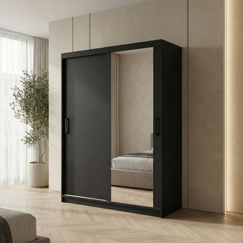 Armoire HELA - Armoire à Portes Coulissantes Avec Porte Miroir - Noir 120 cm - 2 Portes