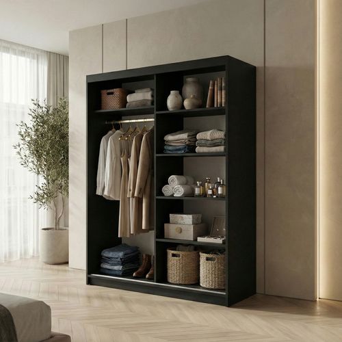 Armoire HELA - Armoire à Portes Coulissantes Avec Porte Miroir - Noir 120 cm - 2 Portes