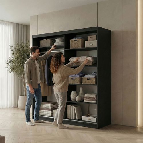 Armoire HELA à Portes Coulissantes Avec Porte Miroir Et 2 Modules à Tiroirs - Noir 180cm