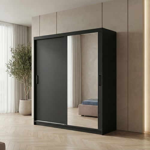 Armoire HELA à Portes Coulissantes Avec Porte Miroir Et 2 Modules à Tiroirs - Noir 180cm