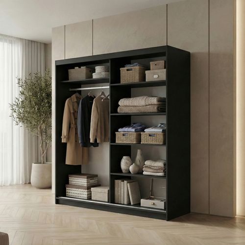 Armoire HELA à Portes Coulissantes Avec Porte Miroir Et 2 Modules à Tiroirs - Noir 180cm