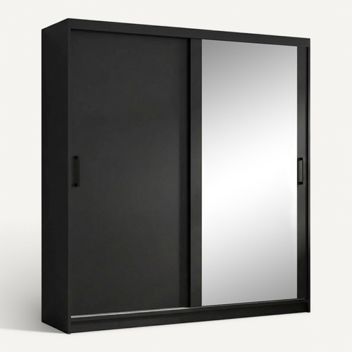Armoire HELA à Portes Coulissantes Avec Porte Miroir Et 2 Modules à Tiroirs - Noir 180cm
