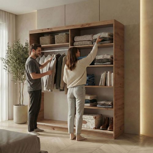 Armoire HELA - Armoire à Portes Coulissantes Avec Porte Miroir - Chêne Artisan 180 cm - 2 Portes