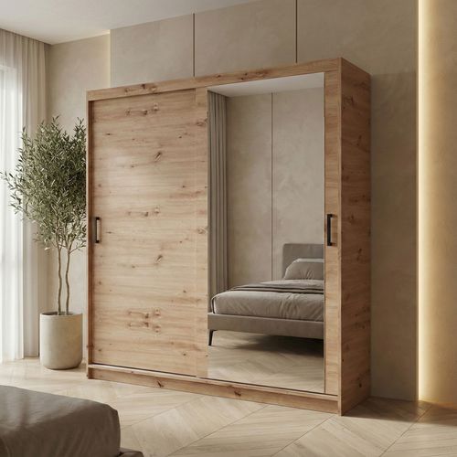 Armoire HELA - Armoire à Portes Coulissantes Avec Porte Miroir - Chêne Artisan 180 cm - 2 Portes