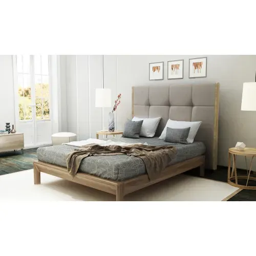 Tête de lit PU L.140 cm CLOE taupe et imitation bois vue d'ambiance 1