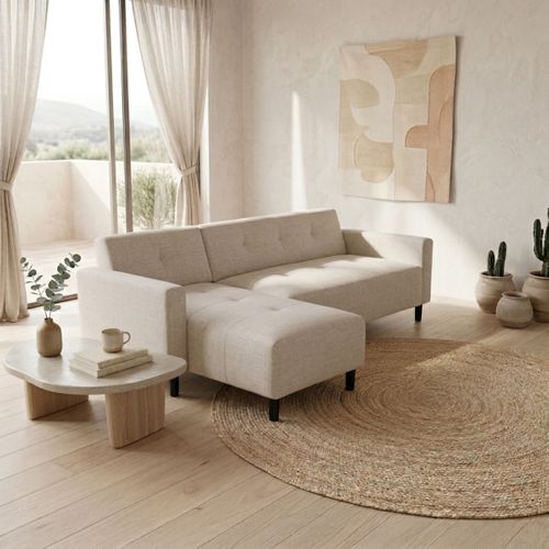 Canapé d'angle méridienne réversible YOGI tissu beige vue d'ambiance 1