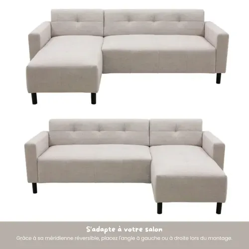 Canapé d'angle méridienne réversible YOGI tissu beige vue de profil