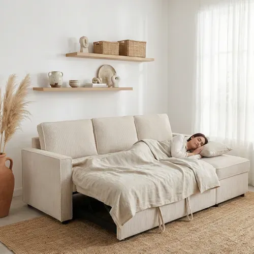 Canapé d'angle convertible méridienne réversible OZ velours côtelé beige