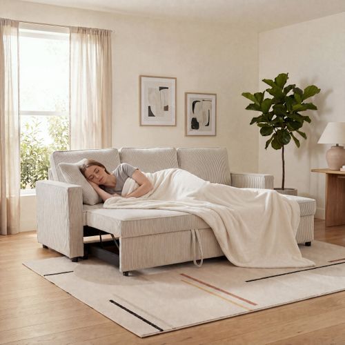 Canapé d'angle convertible méridienne réversible OZ velours côtelé beige
