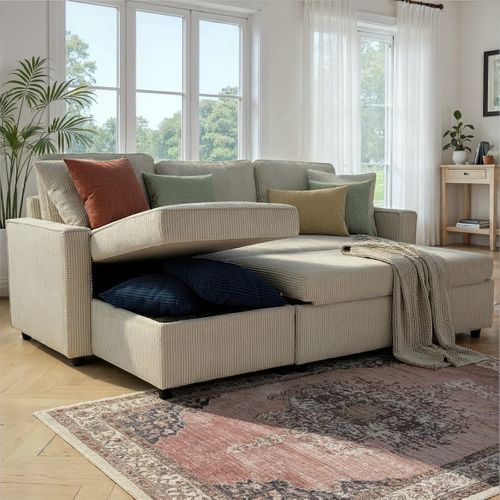 Canapé d'angle convertible méridienne réversible OZ velours côtelé beige