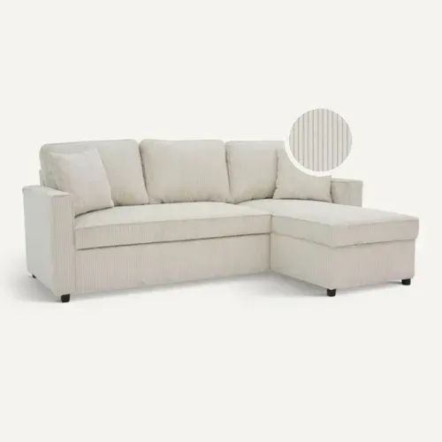 Canapé D’angle Convertible 3 Places – 205 Cm – Velours Côtelé Beige – Avec Chaise Longue Réversible Et Rangement Caché – Transformable En Lit – Pour Salon Ou Appartement
