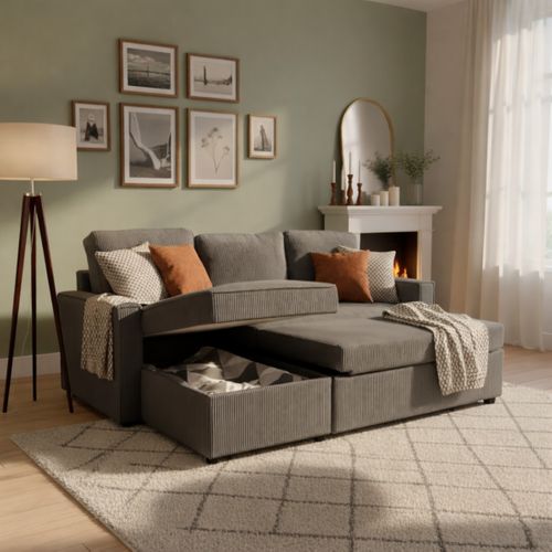 Canapé d'angle convertible méridienne réversible OZ velours côtelé anthracite