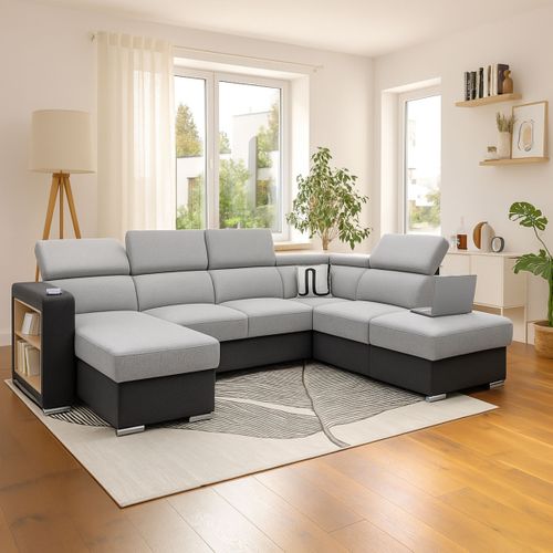 Canapé panoramique convertible réversible ATHENA tissu gris clair