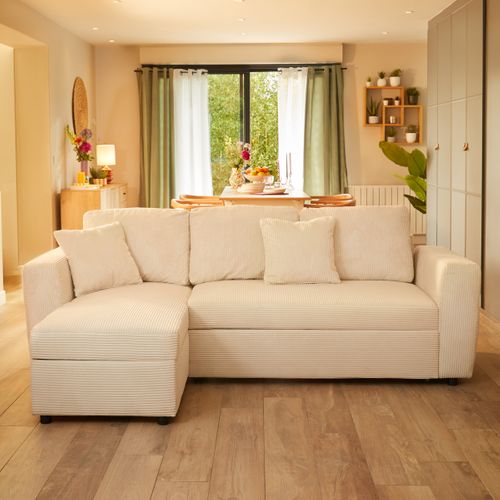 Canapé d'angle méridienne convertible HAPPY velours beige