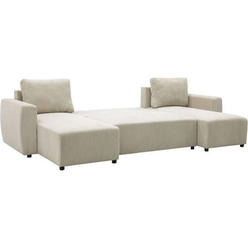 Canapé Convertible Panoramique Pharell 7 Places - Velours Côtelé Beige - Coffre De Rangement - L297