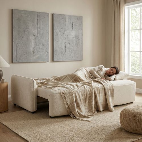 Canapé convertible 3 places 1 coffre de rangement BOLERO tissu bouclette beige