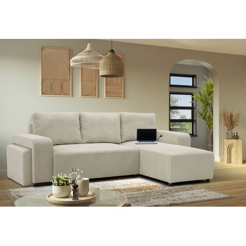 Canapé d'angle convertible méridienne réversible BOOSTER velours côtelé beige