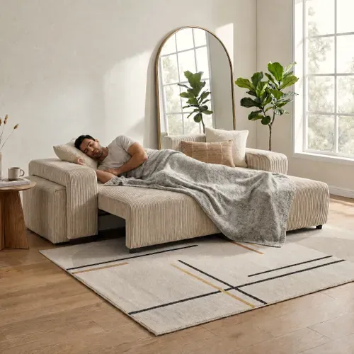 Canapé d'angle convertible réversible BOOSTER velours côtelé beige avec 2 ports USB