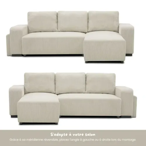 Canapé d'angle convertible réversible BOOSTER velours côtelé beige avec 2 ports USB