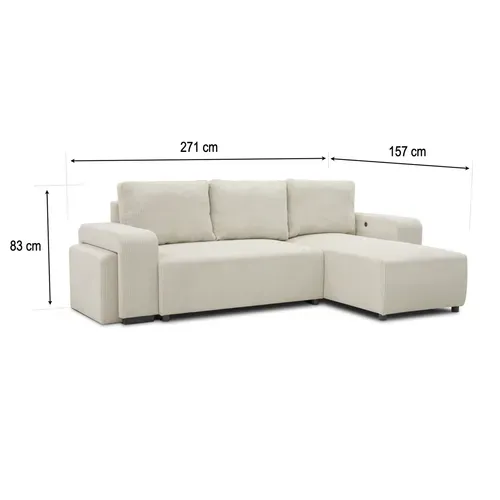 Canapé d'angle convertible réversible BOOSTER velours côtelé beige avec 2 ports USB