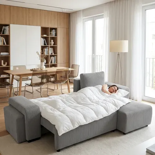 Canapé d'angle convertible réversible BOOSTER velours côtelé gris avec 2 ports USB