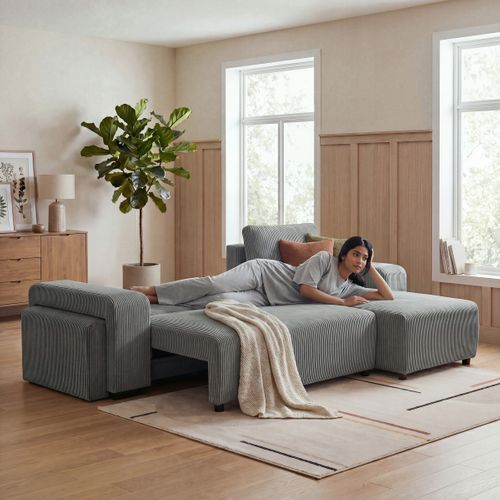 Canapé d'angle convertible réversible BOOSTER velours côtelé gris avec 2 ports USB