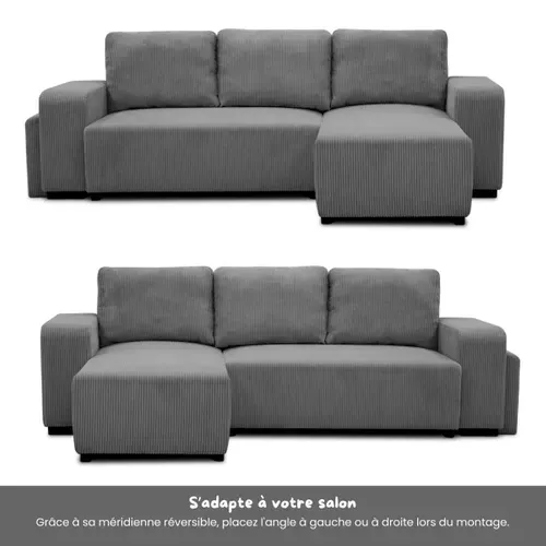 Canapé d'angle convertible réversible BOOSTER velours côtelé gris avec 2 ports USB