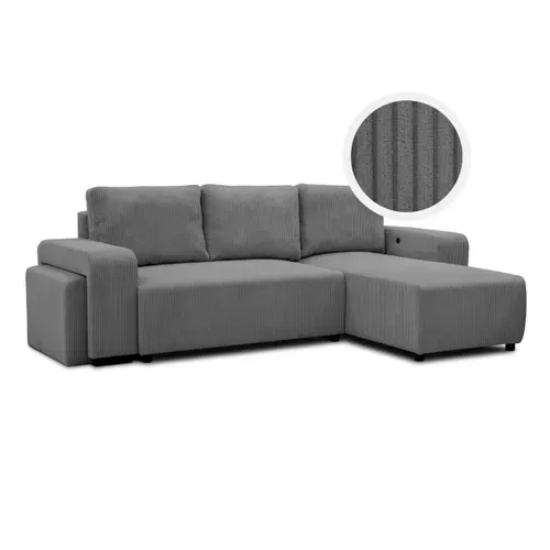 Canapé d'angle convertible réversible BOOSTER velours côtelé gris avec 2 ports USB