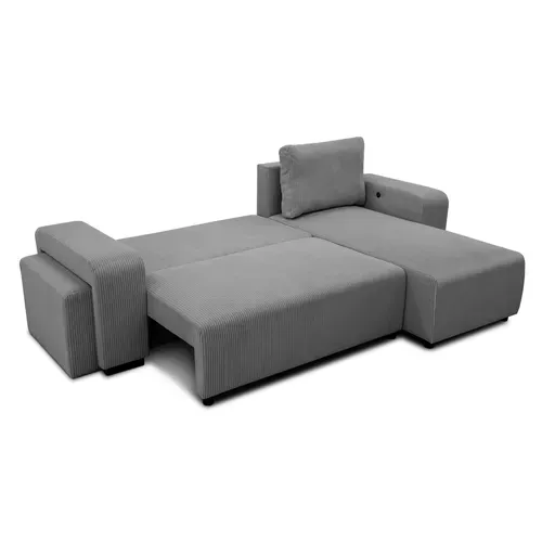 Canapé d'angle convertible réversible BOOSTER velours côtelé gris avec 2 ports USB