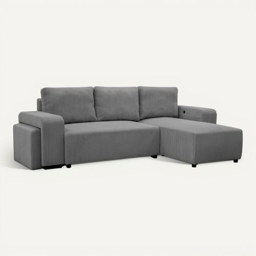 Canapé d'angle convertible réversible BOOSTER velours côtelé gris avec 2 ports USB