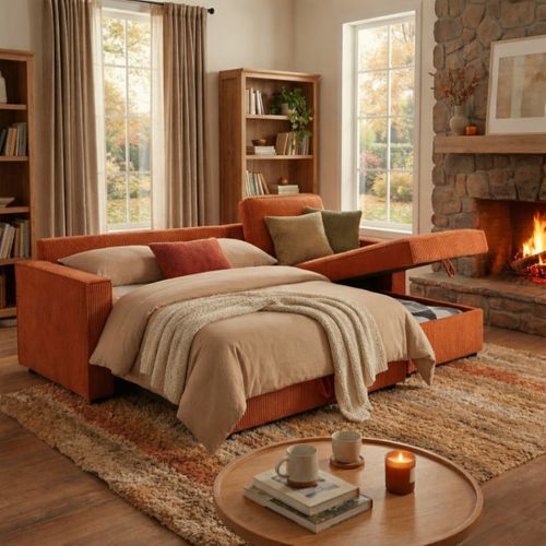 Canapé d'angle convertible méridienne réversible OZ velours côtelé terracotta