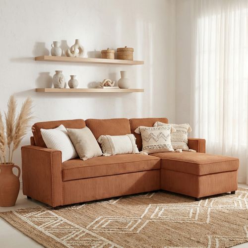 Canapé d'angle convertible méridienne réversible OZ velours côtelé terracotta