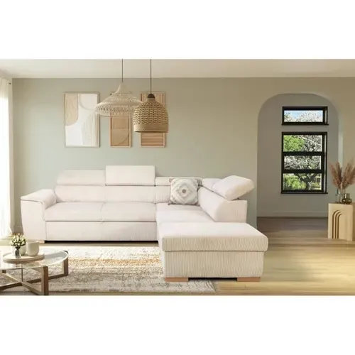 Canapé D'angle Convertible Réversible 5 Places Daytona - Velours Côtelé Beige - Coffre