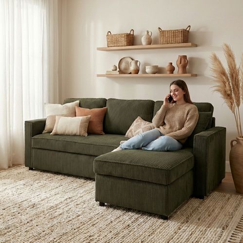 Canapé d'angle convertible méridienne réversible OZ velours côtelé kaki