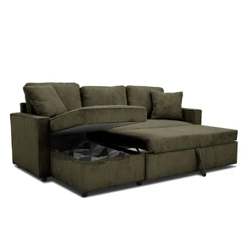 Canapé d'angle convertible méridienne réversible OZ velours côtelé kaki