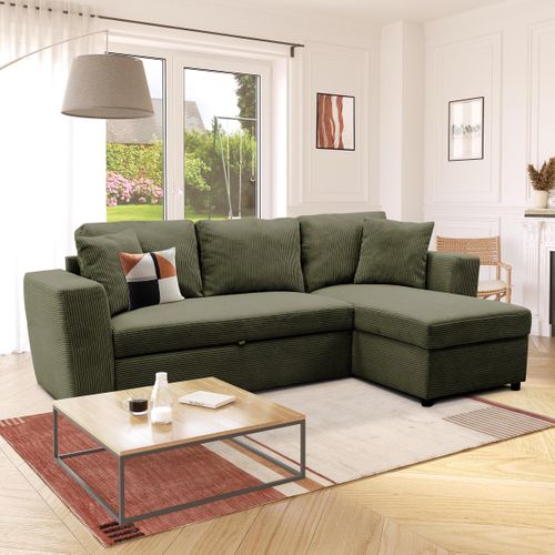 Canapé d'angle méridienne HAPPY convertible velours kaki