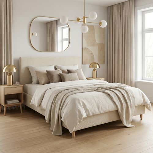 Lit 140x190 cm JAPP velours côtelé beige vue d'ambiance 1