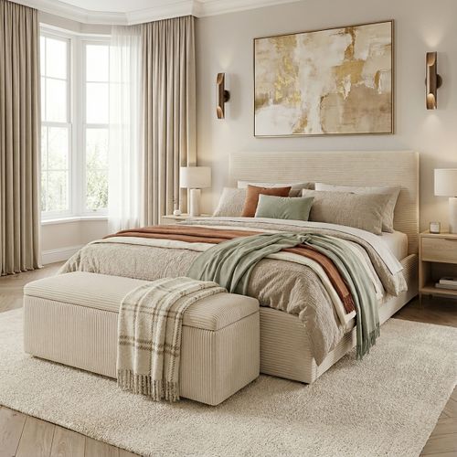 Lit coffre 140x190 cm JAPP 3 velours côtelé beige vue d'ambiance 1