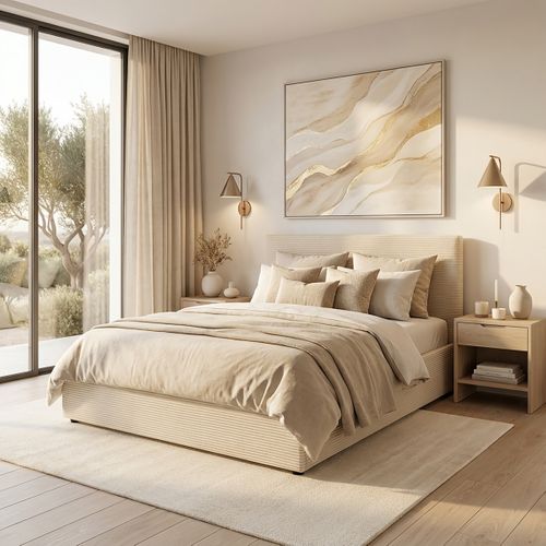 Lit coffre 160x200 cm JAPP 3 velours côtelé beige