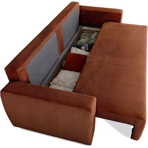 Canapé Convertible - 3 Places - Pharell - Tissu Velours Côtelé Terracotta - Coffre - 231 X 84 X 91cm
