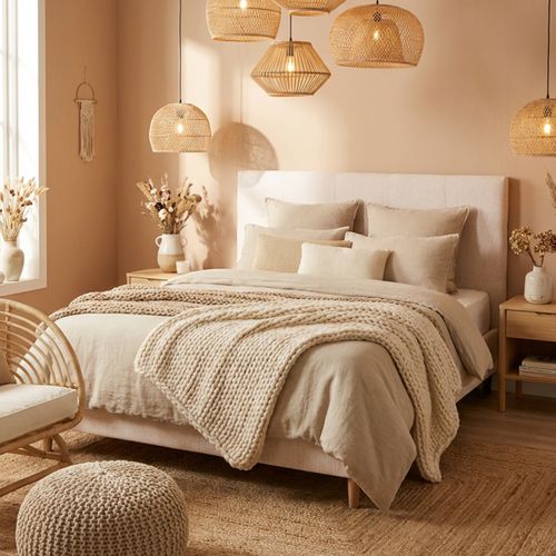 Lit 160x200 cm JAPP tissu beige vue d'ambiance 1