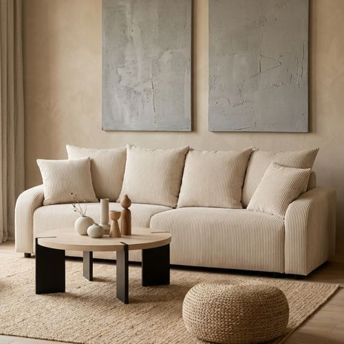 Canapé convertible 3 places et 1 coffre de rangement TARA velours côtelé beige