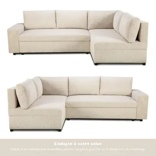 Canapé d'angle convertible méridienne réversible ALF velours côtelé beige vue de profil