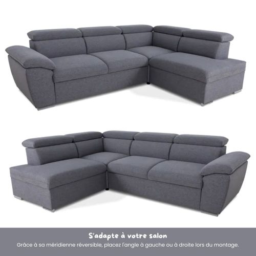 Canapé d'angle convertible méridienne réversible et 1 coffre MANHATAN tissu gris vue de profil