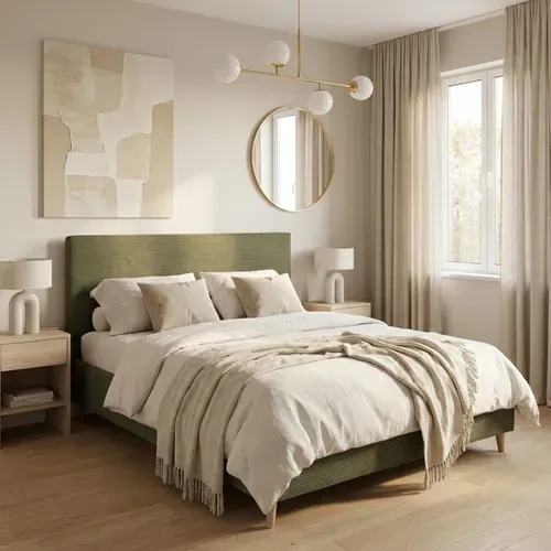 Lit 140x190 cm JAPP velours côtelé Kaki vue d'ambiance 1