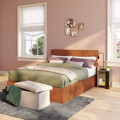 Lit coffre 140x190 cm JAPP 3 velours côtelé terracotta vue d'ambiance 1