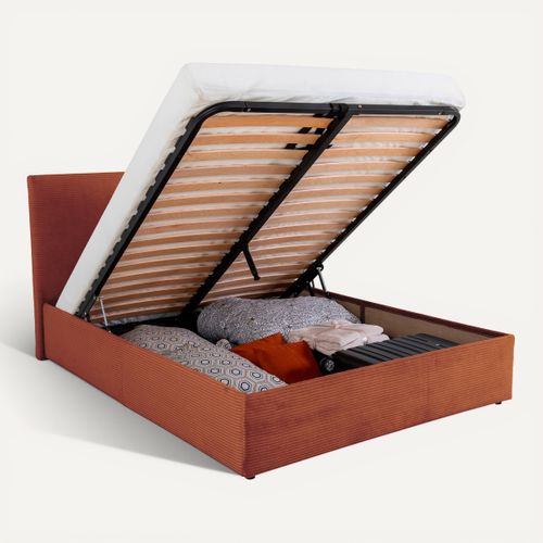 Lit coffre 140x190 cm JAPP 3 velours côtelé terracotta vue 3/4