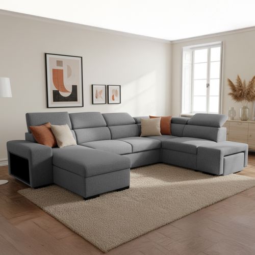 Canapé d'angle panoramique convertible réversible MAYA tissu gris