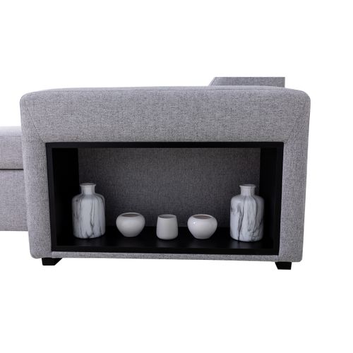 Canapé d'angle panoramique convertible réversible et 2 coffres MAYA tissu gris vue détaillée